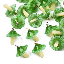 Plastic Pendants, with Acrylic and Golden Plated Brass Loops, Mushroom, Sea Green, 18x15mm, Hole: 1.5mm
