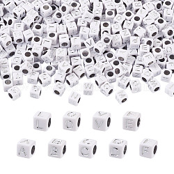 Plating Acrylic Beads, Metal Enlaced, Cube with Mixed Letters, White, 5.5~6x5.5~6x5.5~6mm, Hole: 3.5mm, 1000pcs