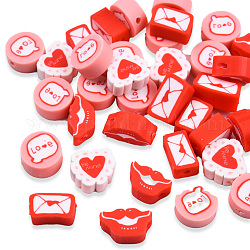 Abalorios de arcilla polimérica hechos a mano, plano redondo con palabra amor y corazón, boca y letra, rojo, 5.5~9.5x9~11x4~5mm, agujero: 1.6 mm