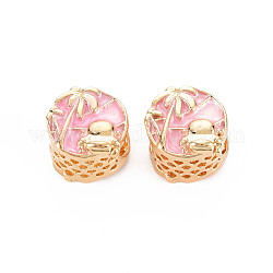 Rack Plating Alloy Enamel European Beads, Large Hole Beads, Cadmium Free & Nickel Free & Lead Free, Flat Round with Tree, Light Gold, Pearl Pink, 11x10mm, Hole: 5.5mm