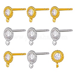 8 Pair 2 Color Flat Round Brass Micro Pave Cubic Zirconia Stud Earring Findings, with Vertical Loops and 20Pcs Silicone Ear Nuts, Platinum & Golden, 7.5x5.5mm, Hole: 0.8mm, Pin: 0.8mm, 4 Pair/color