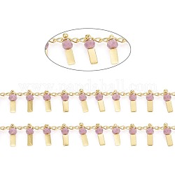 Chaînes de perles de verre faites à la main de 3.28 pied, avec de vraies chaînes gourmettes en laiton plaqué 18k or véritable, Plaqué longue durée, soudé, sans plomb et sans cadmium, rectangle, lilas, 2.5x1.8x0.3mm, rectangle: 9x3x3 mm