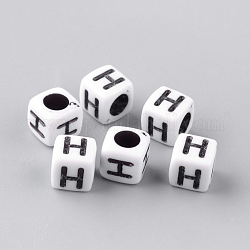 Opaque Acrylic Beads, Horizontal Hole, Letter Style, Cube, Letter.H, 6x6x6mm, Hole: 3mm, about 300pcs/50g