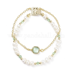Pulsera de varios hilos con perlas naturales y cuentas de vidrio con cadenas de cable de latón para mujer, dorado, verde claro, 7-1/2 pulgada (19 cm)