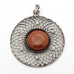 Gemstone Synthetic Goldstone Big Pendants, with Antique Silver Alloy Rhinestone Findings, Flat Round, 67x60x7mm, Hole: 5x8mm