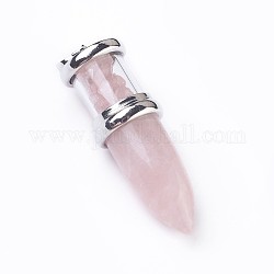 Naturali Quarzo Rosa grandi ciondoli, con i risultati in ottone tono platino, proiettile, 50~53x16~17mm, Foro: 5x7~8 mm