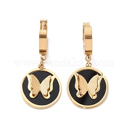 Black Resin Butterfly Dangle Hoop Earrings with, Ion Plating(IP) 304 Stainless Steel Jewelry for Women, Golden, 34mm, Pin: 1mm