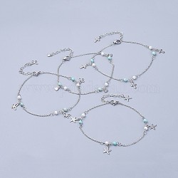 304 cavigliere fascino in acciaio inox, con perle turchesi sintetiche e perle di vetro, forme misto, colore acciaio inossidabile, 9-5/8 pollice (24.5 cm)