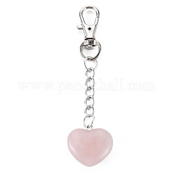 Porte-clés quartz rose naturel, avec fermoirs pinces de homard en laiton et chaînes en fer, cœur, platine, 80~86mm