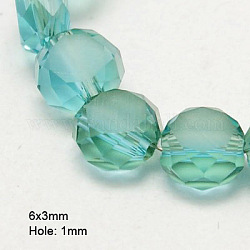 Electroplate Glass Beads, Half Plated, Faceted, Frosted, Flat Round, Dark Turquoise, 6x3mm, Hole: 1mm