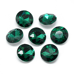 Pointed Back Glass Rhinestone Cabochons, Back Plated, Faceted, Flat Round, Sea Green, 14x5.8mm