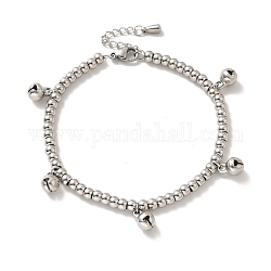 304 bracelet breloque cloche en acier inoxydable avec 201 perles rondes en acier inoxydable pour femme, couleur inoxydable, 8-5/8 pouce (22 cm)