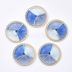 Tri-color Polyester Thread Woven Pendants, with Golden Plated Alloy Findings, Long-Lasting Plated, Flat Round, Cornflower Blue, 34x2.5mm, Hole: 0.8mm