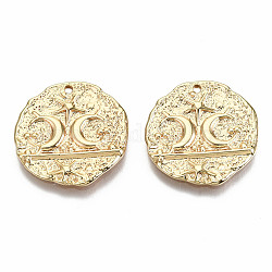 Brass Pendants, Nickel Free, Flat Round with Moon, Real 18K Gold Plated, 19x19x1.5mm, Hole: 1mm