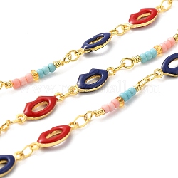 Handmade Brass Enamel Lip Link Chains, Glass Beaded Chains, Real 18K Gold Plated, Soldered, with Spool, Cadmium Free & Lead Free, Mixed Color, Bead Link: 18~19.5x3x2mm, Lip: 12.5x5x2mm