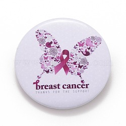 Breast Cancer Awareness Month Tinplate Brooch Pin, Pink Flat Round Badge for Clothing Bags Jackets, Platinum, Butterfly Pattern, 44x7mm