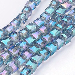 Fili di perle di vetro placcato, sfaccettato, cubo, acquamarina media, 6x6x6mm, Foro: 1 mm, circa 100pcs/filo, 21.6 pollice