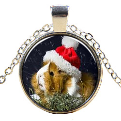 Weihnachtsthema Glas Anhänger Halsketten, mit Legierung-Zubehör, flache Runde mit Tieren, silberfarben plattiert, 17.7 Zoll (45 cm), Anhänger: 27 mm