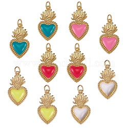 10Pcs 5 Colors Golden Tone Brass Enamel Pendants, with Jump Rings, Long-Lasting Plated, Heart, Mixed Color, 22x12x3mm, Hole: 3.5mm, 2pcs/color