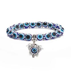 Braccialetto elastico in resina con perline rotonde malocchio con loto in lega, gioielli per lo yoga per le donne, blu medio, diametro interno: 2-1/4 pollice (5.7 cm)