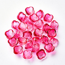 Bouchons de perles en verre peint à la bombe transparent à 4 pétale, avec de la poudre de paillettes, fleur, rose foncé, 11.5x11.5x7mm, Trou: 1.6mm