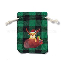 クリスマステーマの長方形ジュートバッグ、ジュートコード付き  タータンチェック巾着ポーチ  ギフト包装用  グリーン  鹿  13.8~14x9.7~10.3x0.07~0.4cm