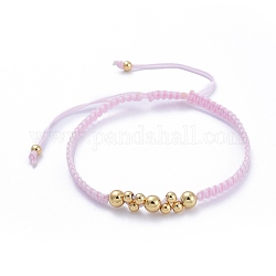 Bracelets de perles de nylon tressés réglables, Avec des billes rondes en laiton, rose, diamètre intérieur: 2-1/8 pouce ~ 3-1/2 pouces (5.4~9 cm)
