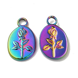 Ion Plating(IP) 304 Stainless Steel Pendants, Oval with Flower Charm, Rainbow Color, 17x11x2mm, Hole: 3mm