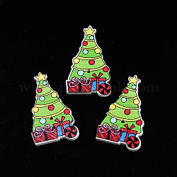 Botones navideños de madera de arce pintados con spray de 2 agujero, Impreso a soltero-cara, árbol de Navidad, verde claro, 40x23x2mm, agujero: 1.6 mm