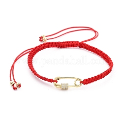 Bracelets de perles de nylon tressés réglables, bracelets ficelle rouge, avec micro-pavé en laiton, maillons en zircone cubique transparente et perles en laiton, forme de broche de sécurité, véritable 18k plaqué or, rouge, diamètre intérieur: 2-1/8~3-5/8 pouce (5.5~9.2 cm)