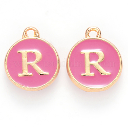 Golden Plated Alloy Enamel Charms, Cadmium Free & Lead Free, Enamelled Sequins, Flat Round with Letter, Camellia, Letter.R, 14x12x2mm, Hole: 1.5mm