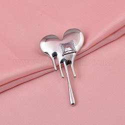 Pin de solapa de corazón de circonita cúbica transparente, insignia de latón para ropa de mochila, Platino, 58x34mm