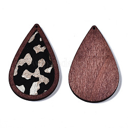 Ciondoli grandi in pelle di vacchetta ecologica, con legno tinto, lacrima con stampa leopardata, papayawhip, 60x36x4mm, Foro: 1.2 mm