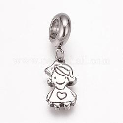 304 Stainless Steel European Dangle Charms, Large Hole Pendants, Girl, Antique Silver, 24mm, Hole: 5mm, Pendant: 14x8x2mm