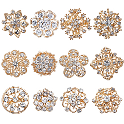Gorgecraft 12 pz 12 perni di spilla fiore di strass di cristallo stile, distintivi in lega per le donne, oro, 20~28x20~28x3.5~8mm, 1pc / style