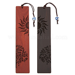 AHADEMAKER 2Pcs 2 Colors Wood Bookmarks, with Porcelain Beads, Rectangle with Tree of Life & Sun Pattern, Mixed Color, 216~225mm, 1pc/style