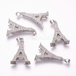 Ottone micro spianare pendenti zirconi, Torre Eiffel, platino, 28x19x6.5mm, Foro: 3.5x4 mm
