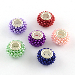 Abs en plastique imitation perle rondelle perles européennes, avec couleur argent plaqué doubles noyaux de cuivre, Perles avec un grand trou   , couleur mixte, 14~15x9mm, Trou: 5mm