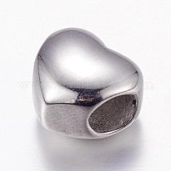 304 perline europei in acciaio inox, perline con foro grande, cuore, colore acciaio inossidabile, 10x11x8mm, Foro: 5 mm