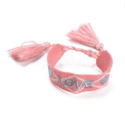 Bracelet tressé en polycoton (coton polyester) word love avec breloque pompon, bracelet large réglable plat pour couple, corail lumière, diamètre intérieur: 2~3-1/8 pouce (5~8 cm)