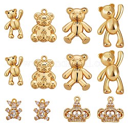 12Pcs 6 Style Brass Pendants, with Cubic Zirconia, Mix-shaped, Real 18K Gold Plated, 12.5~24x10~16x3~6mm, Hole: 1.6~3.5x1.6~3.5mm, 2pcs/style