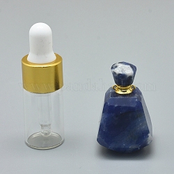 Граненые натуральные содалиты открываемые подвески флакон духов, с латунными находками и стеклянными бутылками с эфирным маслом, 33~37x18~22 мм, отверстие : 0.8 мм, Емкость стеклянной бутылки: 3 мл (0.101 жидких унции), Емкость драгоценного камня: 1 мл (0.03 жидких унции)