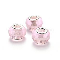 Handgemachte glasperlen murano glas großlochperlen, großes Loch Rondell Perlen, mit Platin-Ton Messing Doppeladern, rosa, 14x9~10 mm, Bohrung: 5 mm