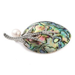 Ovale Broschen aus natürlicher Paua-Muschel, mit Messingstiften und Perle, Platin Farbe, 28x54x12 mm