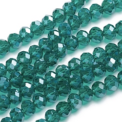 Abalorios de vidrio, lustre de la perla chapado, suncatcher cristal, rondelle facetas, verde oscuro, 6x4mm, agujero: 1 mm, aproximamente 95 pcs / cadena, alrededor de 14 pulgada
