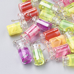 Anhänger Glasflasche, mit Harz im, Imitation Fruchtsaft, Mischfarbe, 25x11x10 mm, Bohrung: 1.8 mm
