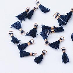 Polycotton(Polyester Cotton) Tassel Pendant Decorations, with Unwelded Iron Jump Rings, Golden, Midnight Blue, 10~16x2mm, Hole: 1.5mm
