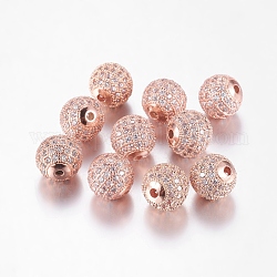 Brass Micro Pave Cubic Zirconia Beads, Round, Rose Gold, 10mm, Hole: 2mm