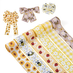 Kissitty 6 rouleaux 6 styles ruban polyester, pour emballage cadeau, décoration artisanale arcs floraux, papillon & tartan & fleur & abeilles & motif tournesol, Modèles mixtes, Modèles mixtes, 2-1/2 pouce (64 mm), 5 yards / bobine , 1 rouleau/style