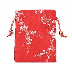 Sacchetti di imballaggio di seta, borse coulisse, con perline in legno, rosso, 14.7~15x10.9~11.9cm